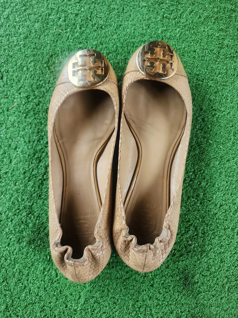 Tory Burch Beige Snake-Embossed Leather Logo Flats